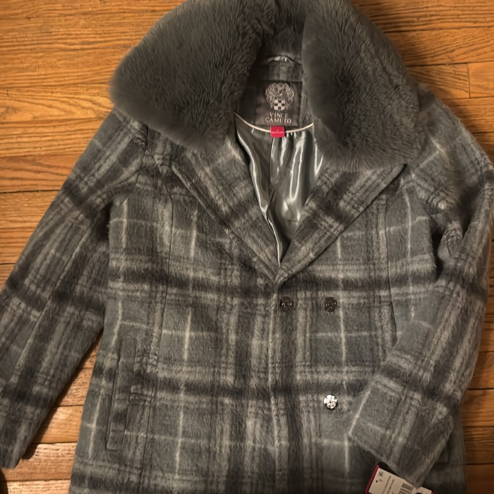 NWT - Vince Camuto Coat blue/graySize M Women's with Faux Fur detachable Collar - Picture 3 of 7